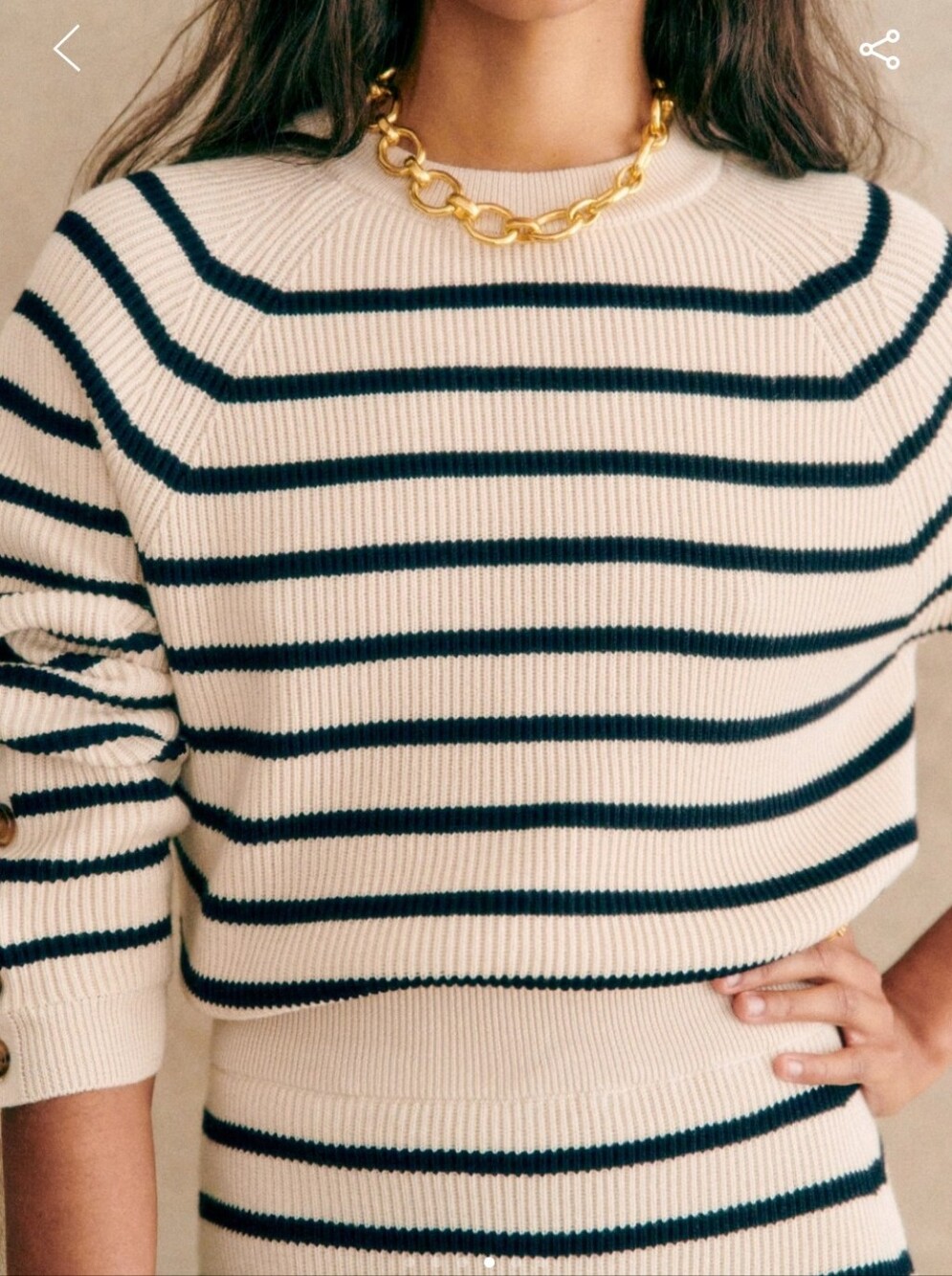Sezane Sami Merino Wool/ Organic Cotton Cropped Cream Sweater with Navy Stripes